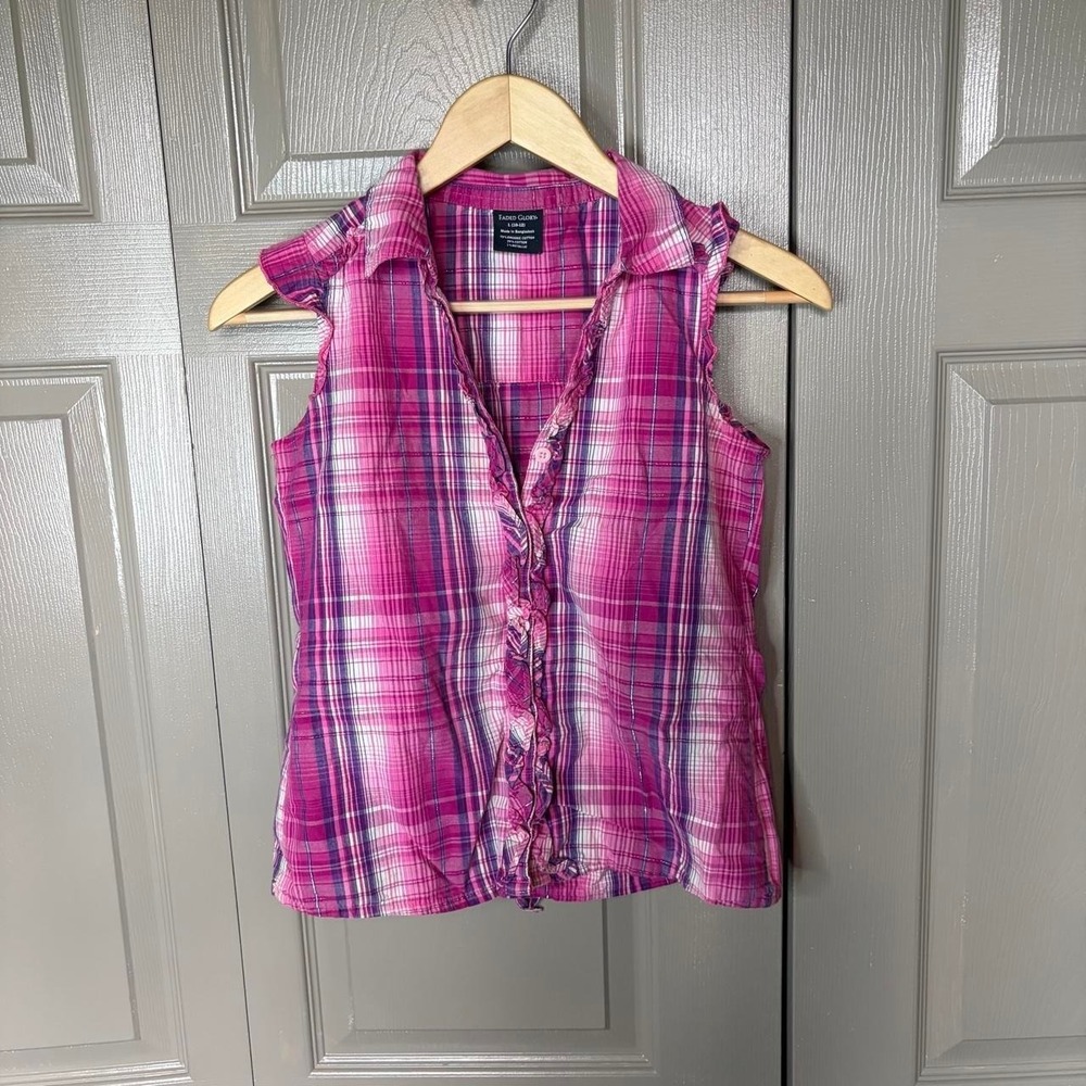 Faded Glory Pink Plaid Ruffle Button Up Sleeveless Blouse Y2K Preppy Large 10-12